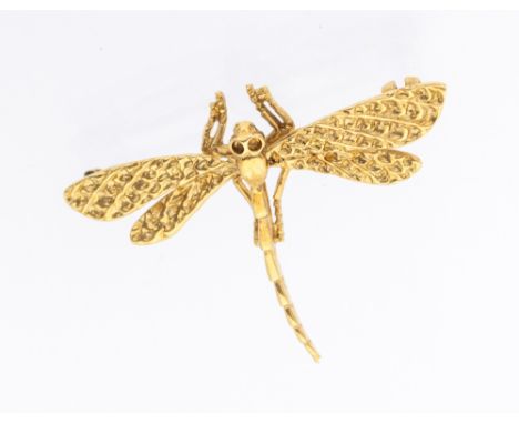 A 9ct gold dragonfly brooch, diameter approx 33mm, hallmarked London 1979, pin and roller clasp, weight approx 3gms   Further