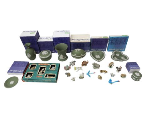 A collection of Wedgwood green Jasperware with a boxed set of Wade Whimsies ,Number 9 South American Animals, together with a