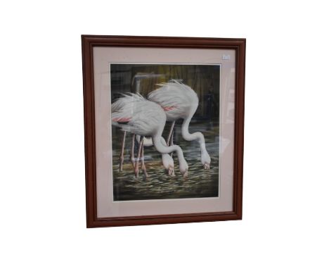 Linda Hampson (South African, 20th century), Flamingos, Pastel, approx. 38.5cm x 48cm, signed lower right, framed and glazed.