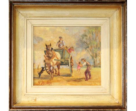 AUDREY SNEDDON (BRITISH, 20TH CENTURY) 'A RIDE HOME',Signed l.l., oil on board11 cm x 12 cmQty: 1Condition report: Good gener