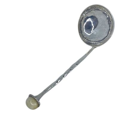 Unusual A.E.Jones hand Beaten Silver Ladle Spoon. 37 g. Birmingham 1945With twisted stem and a hardstone finial on beaded ter