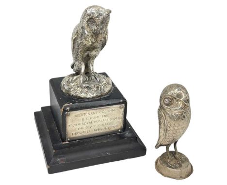 White Metal Owl Trophy and another White Metal Owl. UnmarkedOne formed as a trophy with silver (?) plaque engraved ' Lieutena