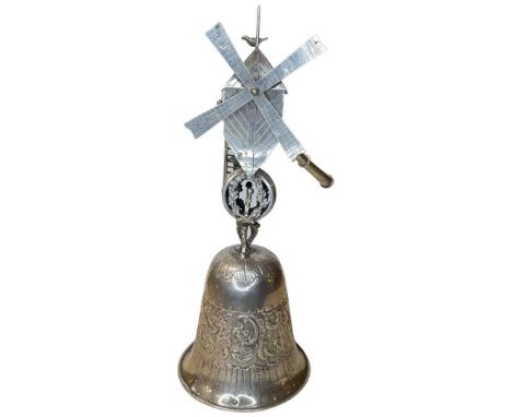 Dutch 19th Century Silver Wager Cup. 242 gHeight 24 cms. Mill depicts rural scene with a dove mounted on roof, with a man loo