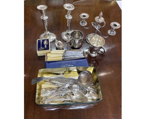 Mixed Lot of Silver Plated and other wares (Qty)To include 3 arm candelabra, pair of candlesticks, flatware, mustards, tankar