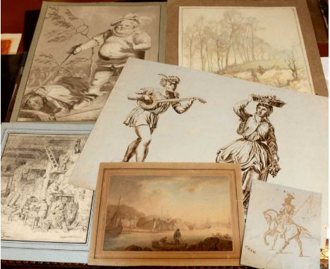 AFTER ADRIAEN VAN OSTADE, DUTCH KITCHEN INTERIORpencil drawing, together with 5 further unframed works by various artists18 x
