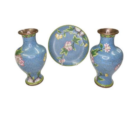 Two Oriental light blue flower enamelled cloisonne vases, together with a further identical cloisonne plateQty: 3