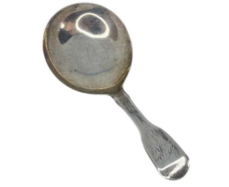 Georgian Silver Caddy Spoon. 12 g. Hyam Hyams, London 1831Of plain fiddle pattern form. Monogram to terminal 'R'Length 9 cmsC