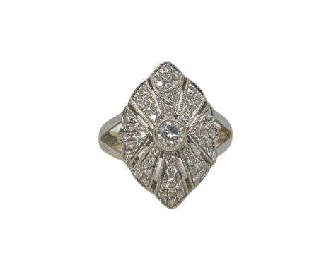 An Art Deco Style Diamond Cluster Ring (5.2g)Grain set diamonds within a navette shaped art deco style ring with delicate pie