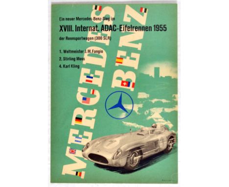 Original vintage Grand Prix sport advertising poster for the new Mercedes Benz victories at the XVIII International ADAC Eiff