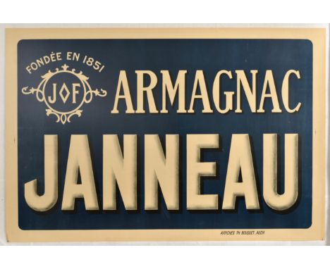 Original vintage drink advertising poster for Armagnac Janneau featuring the bold lettering with the Fondee 1851 logo against