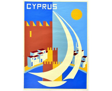 Original vintage travel poster for Cyprus - Great silkscreen design features a graphic representation of Cyprus tourist attra