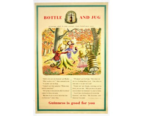 Original vintage Guinness advertising poster featuring a fun and colourful Alice In Wonderland themed illustration by the not