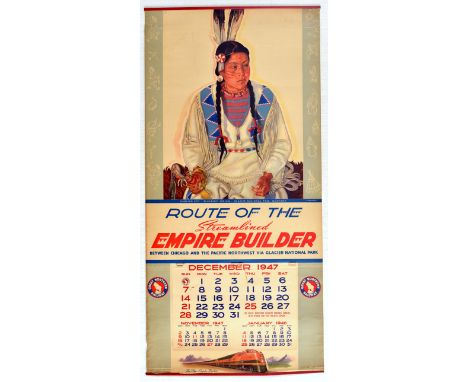 Original vintage travel calendar advertising poster - Route of the Streamlined Empire Builder between Chicago and the Pacific