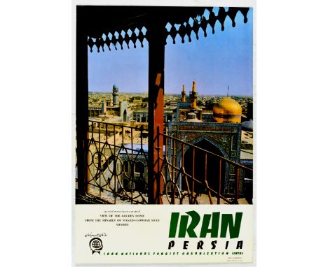 Original vintage travel poster for Iran Persia featuring a photo of the Golden Dome from the Minaret Masjid - I -  Gowhar Sha