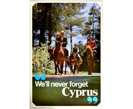 Original vintage travel poster for Cyprus - We'll Never Forget Cyprus - Great design features a photograph of a group of peop