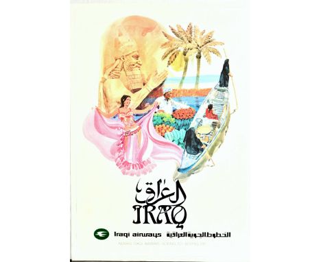 Original vintage travel poster issued by Iraqi Airways to promote travel to Iraq.  Iraqi Airways Company, operating as Iraqi 