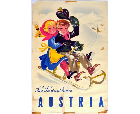 Original vintage winter sport travel advertising poster - Sun, Snow and Fun in Austria. Colourful and fun illustration featur