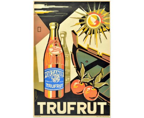 Rare original vintage advertising poster for a fruit based soft drink from Malta, manufactured by Portanier. Bright bold colo