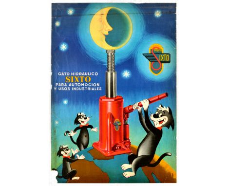 Original vintage advertising poster for Sixto Hydraulic Jacks - for automotive and industrial uses.  Fun image of cats liftin