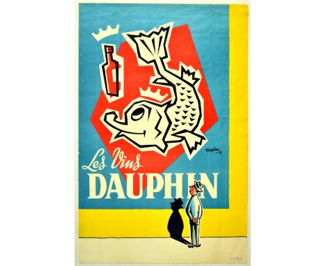 Original vintage midcentury modern advertising poster for a French wine producer Dauphin.  Fun image of a man looking at a po