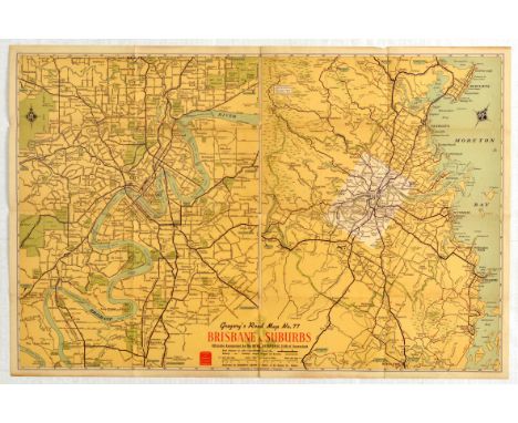 Original vintage folded map of Brisbane city, Australia and its suburbs, as No. 77 of the series 'Gregory's Road Map', and of