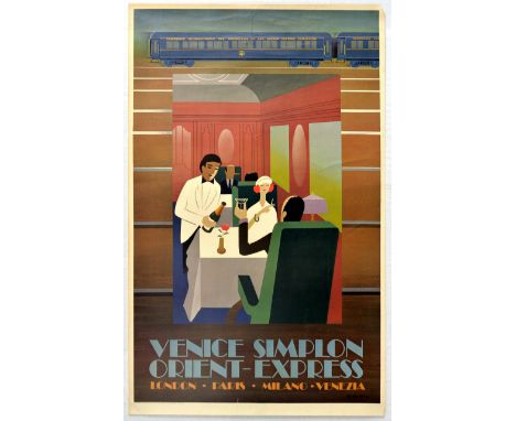 Original vintage travel advertising poster for the Venice-Simplon Orient Express, with the destinations served written below 