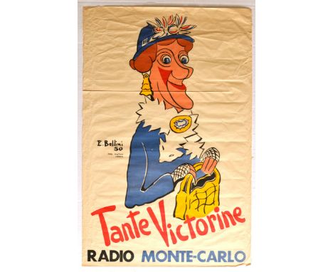 Original vintage advertising poster for a Tante Victorine personality from Radio Monte Carlo.  The character of Tante Victori