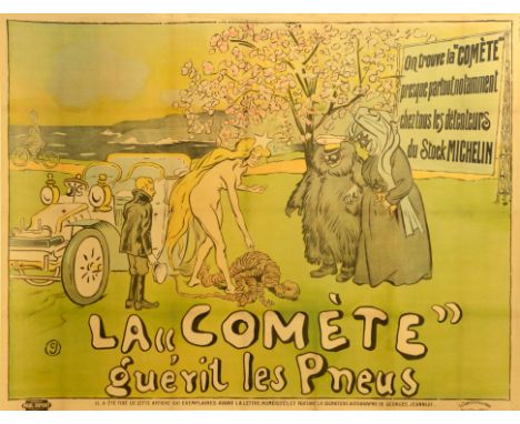 Original vintage advertising poster La Comete Gueril Les Pneus - Great artwork by Pierre-Georges Jeanniot (1848–1934) feature