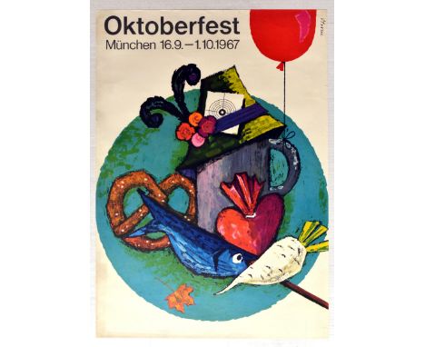 Original vintage travel poster promoting Oktoberfest in Munich Germany, 16 September - 1 October, 1967. Fun image of a beer m