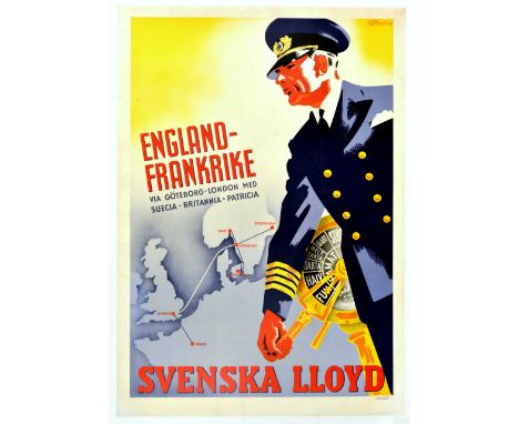 Original vintage cruise travel poster advertising Swedish Lloyd / Svenska Lloyd - England Frankrike via Goteborg London Med S