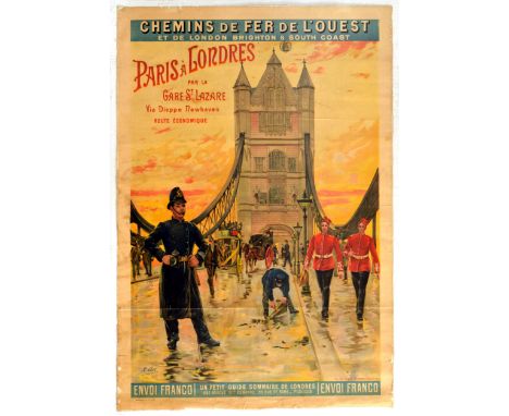 Original vintage travel poster for Railroads from Paris to London by Gare St Lazare via Dieppe Newhaven Economic Route issued