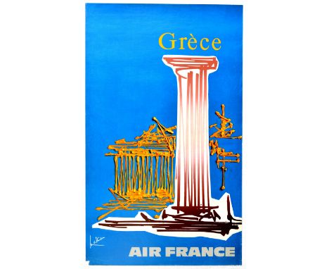 Original vintage travel advertising poster for Greece, and issued by Air France. The poster features an expressionist paintin