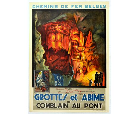 Original vintage poster for the Grottes et Abime de Comblain au Pont featuring a dramatic image of people looking up and admi