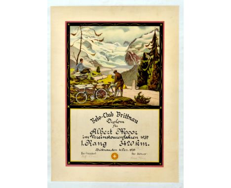 Original vintage diploma certificate issued by Belo Club cycling club Brittnauto Albert Moor in 1937 for achieving 1st rank a