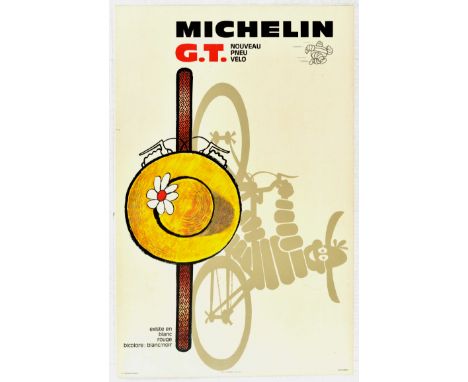 Original vintage Michelin poster advertising new bicycle tyres available in white red and two-tone: white / black featuring a