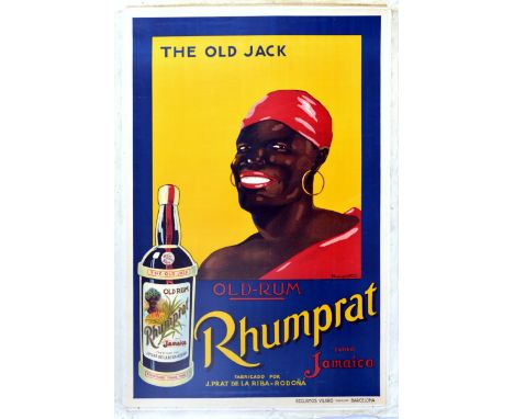 Original vintage drink advertising poster for Rhumprat Old Rum Jamaica entitled The Old Jack featuring a colourful image of a