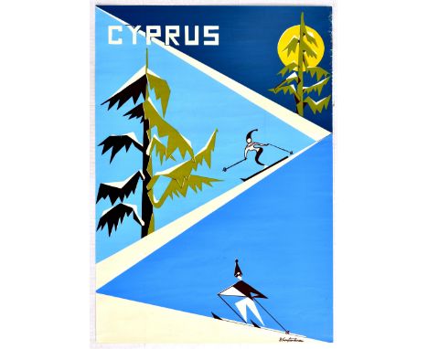 Original vintage ski travel poster for Cyprus - Great silkscreen design features a graphic representation of Cyprus winter to