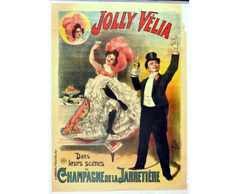 Original vintage advertising poster for a production of Jolly Velia - Dans leurs scenes du champagne de la Jarretière / In th