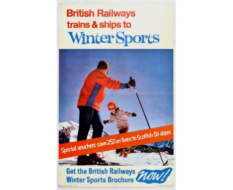 Original vintage ski travel poster British Railways Trains and Ships to Winter Sports - Special vouchers save 25% on fares to