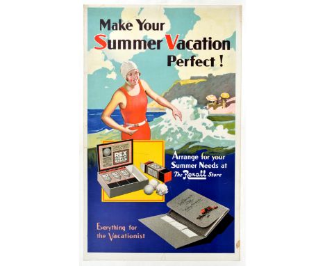 Original vintage advertising poster - Make your summer vacation perfect! Arrange for your summer needs at the Rexall store Ev