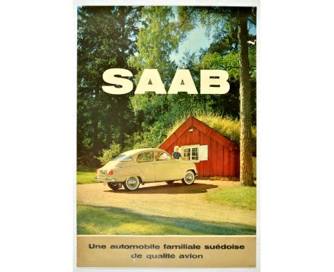 Original vintage advertising poster issued by the Swedish car manufacturer SAAB featuring a photo of Saab GT750 in front of a