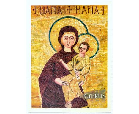 Original vintage travel poster for Cyprus - Great design features a traditional religious mosaic portrait of the Virgin Mary 