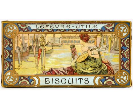 Original antique buscuit tin box for Lefevre Utile cookies decorated with lithograph paper covers designed by Alphonse Mucha.