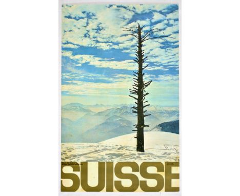 Original vintage travel poster for the Swiss mountains.  Poster shows a peak of Cardada with mountains of Valais region in th