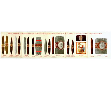 Original vintage advertising poster with a price list of cigars, cigarillos and tobacco manufactured by La Flor de la Isabela