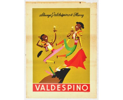 Original vintage advertsing poster for a Valdespino sherry.  Fun image of two bull fighters kicked in the air by a bull and h