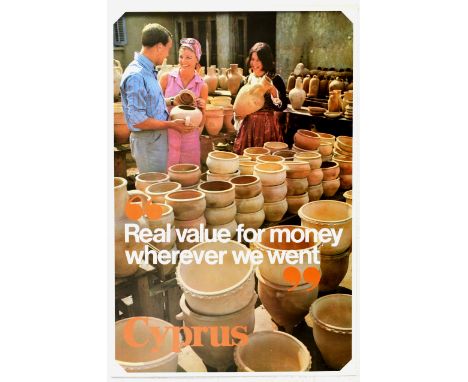 Original vintage travel poster for Cyprus - Real Value for Money Wherever We Went - Great design features a photograph of a c
