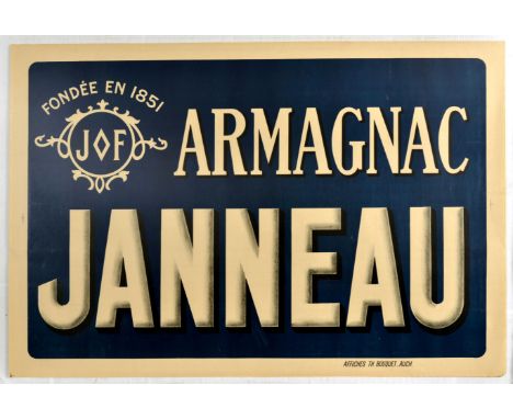 Original vintage drink advertising poster for Armagnac Janneau featuring the bold lettering with the Fondee 1851 logo against