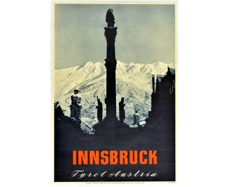 Original vintage travel poster for Innsbruck, Tyrol, Austria, with a photo by Klebelsberg. Innsbruck is the capital city of t