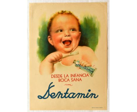 Original vintage advertising poster for a toothpaste brand Dentamin.  Image of a smiling baby holding toothbrush and a tube o